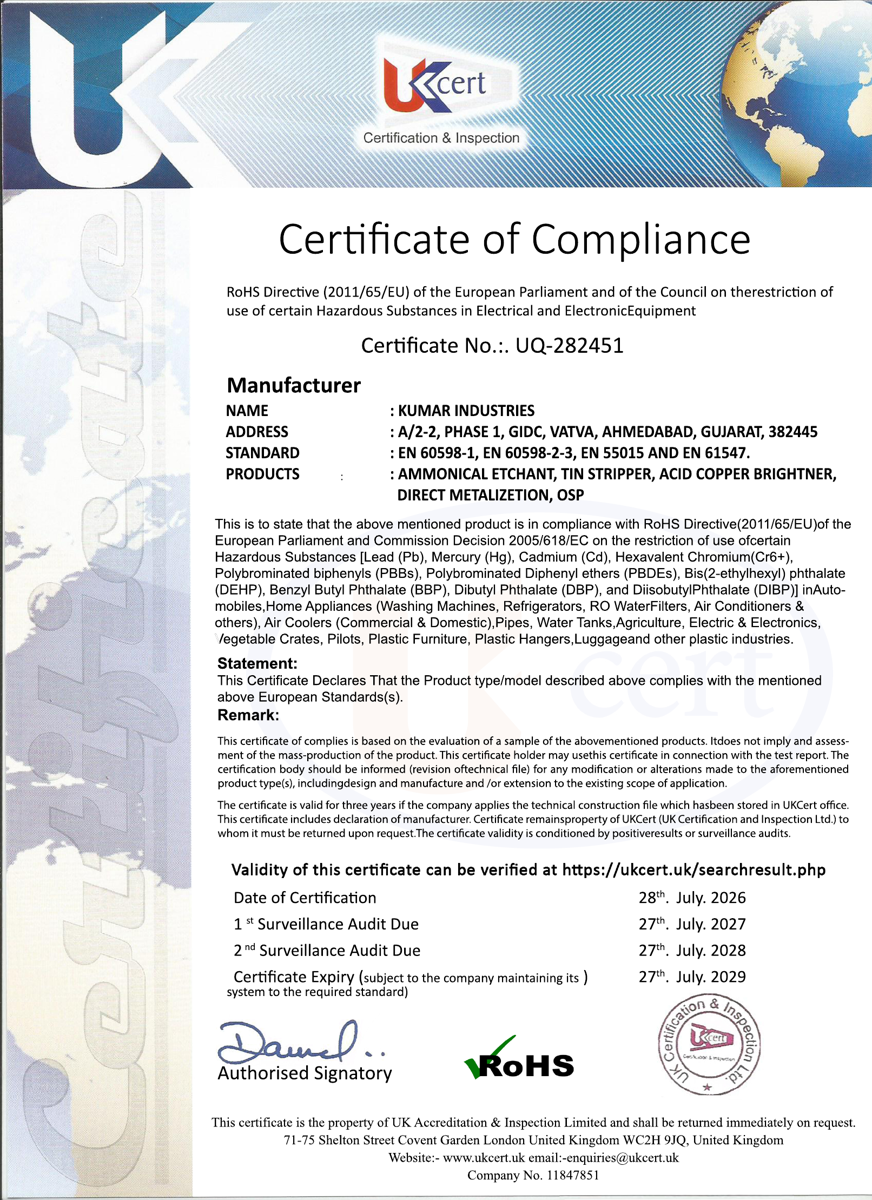 Kumar Industries RoHS certificate